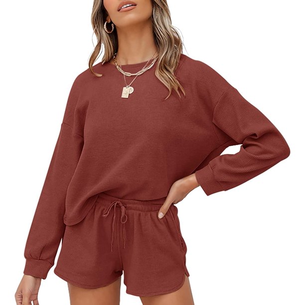 Otoño Cuello redondo Manga larga + Pantalones cortos con cordón Traje casual para mujer $ Conjunto de pijama con top y pantalones cortos de punto de manga larga para mujer Adepaton HMHZ1842-8