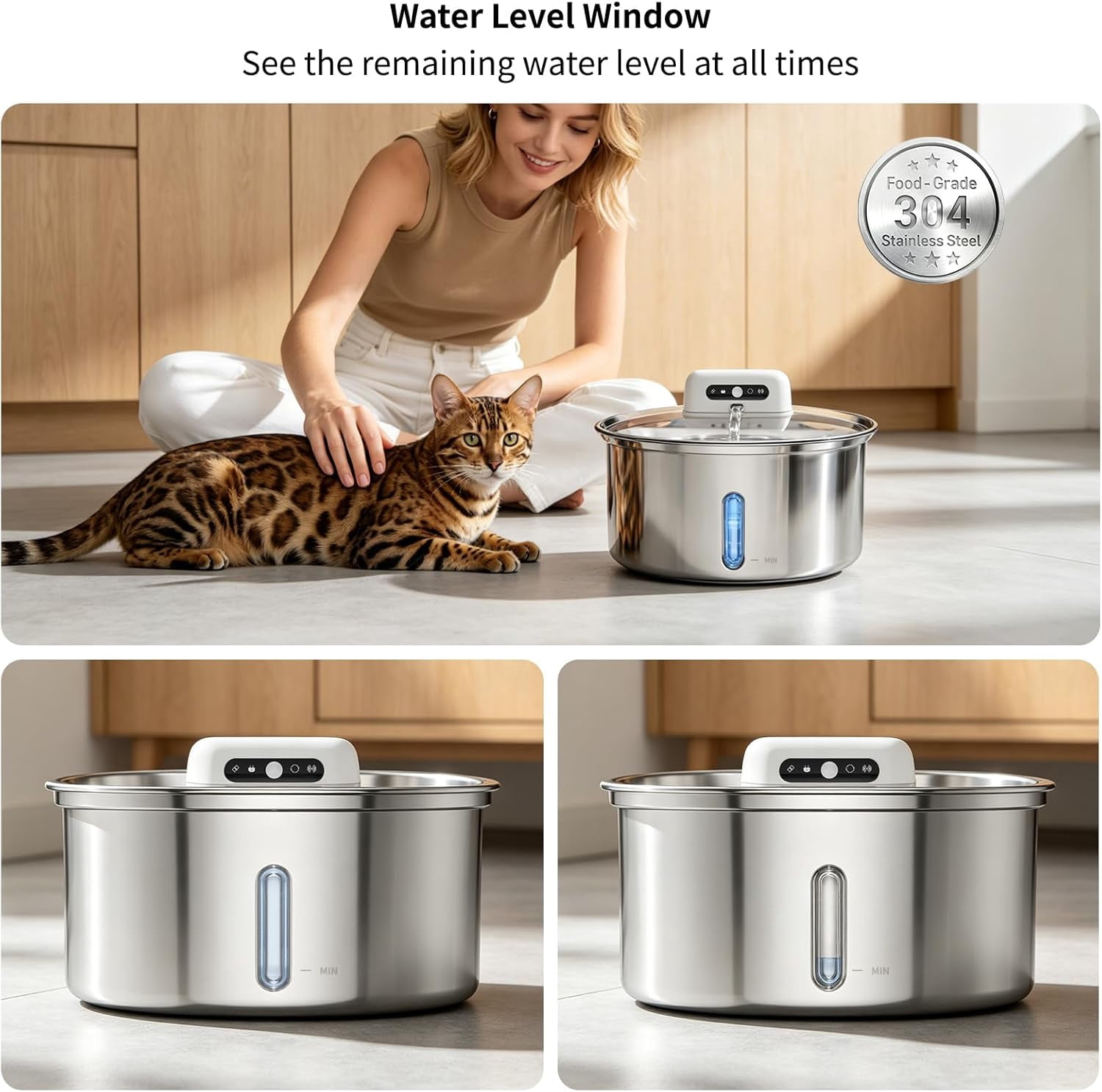 ZKSCOOL Wireless Cat Water Fountain, 108oz/3.2L Battery Operated Pet Water Fountain, Stainless Steel Dog Water Dispenser with Motion Sensor, Quiet Cordless Cat Fountain for Inside