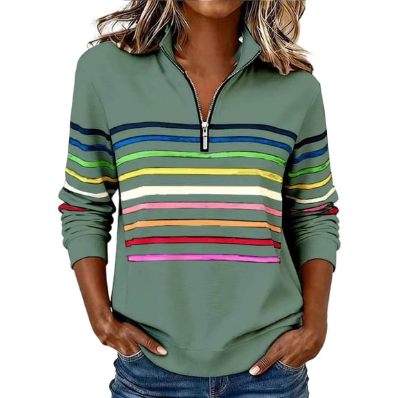 WEIWEN Half Zip Up Sweatshirt for Women Trendy 2026 Rainbow Striped Collared Long Sleeve Shirts for Women Dressy Casual Fall Outfits Women's Fashion Clothing Green, S