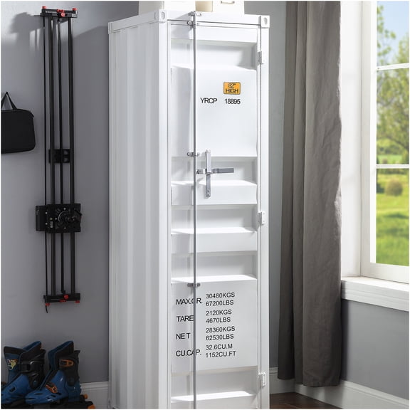 JERFIT Industrial White Metal Wardrobe Closet with Hanging Rod, Lockable Storage Cabinet for Bedroom
