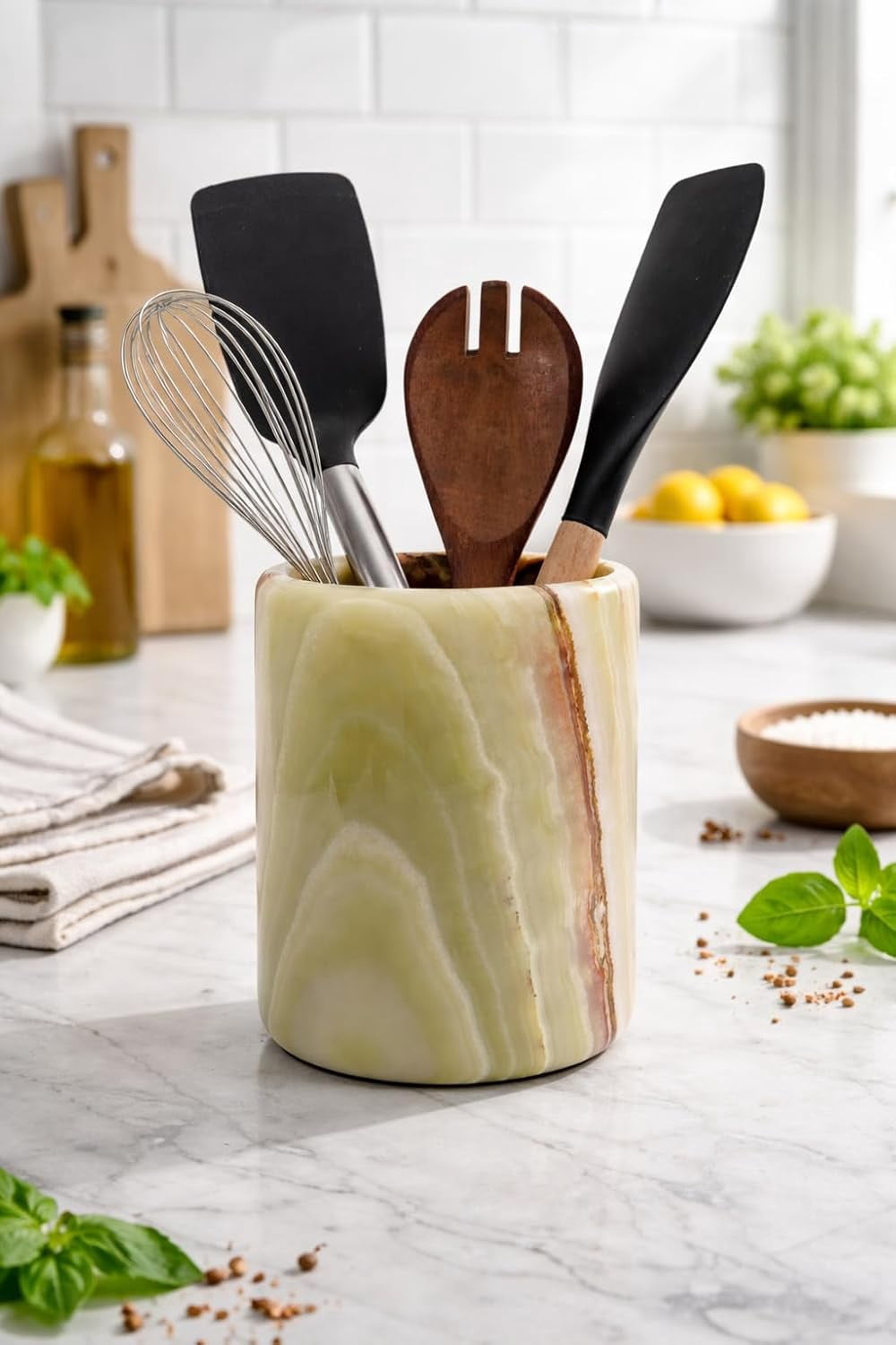 Radicaln Marble Utensil Holder for Kitchen Counter 6.5 inches – Green Onyx Cooking Utensil Organizer, Spoon and Ladle Holder, Kitchen Counter Décor
