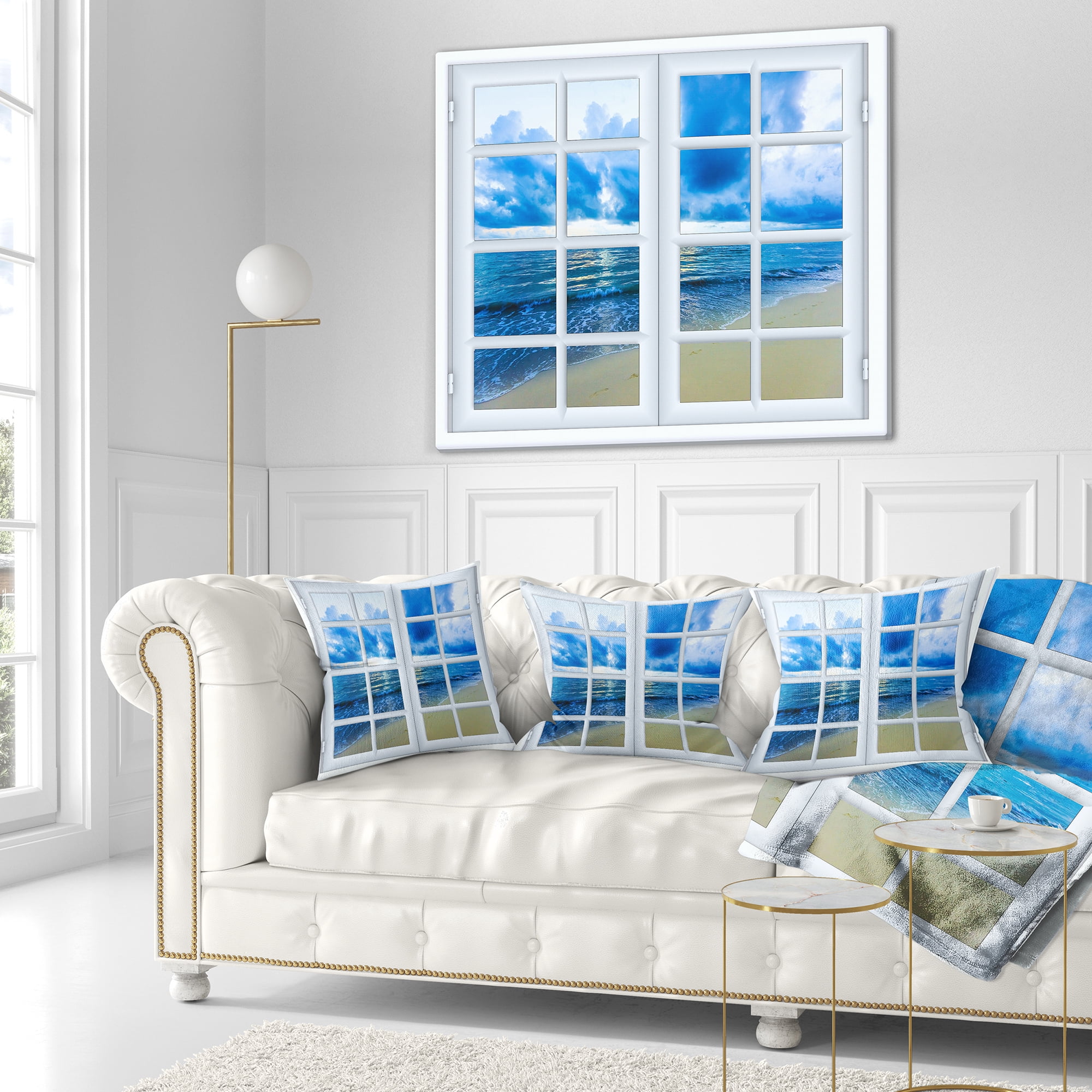 Designart Closed Window to Blue Seascape - Landscape Wall Throw Pillow - 16x16