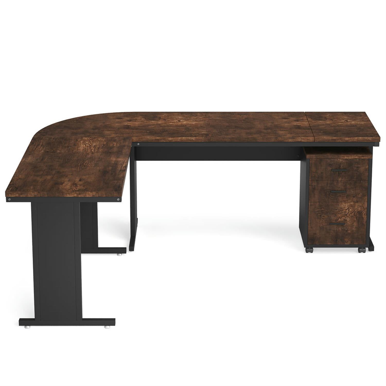 Demi Bonn Modern L Shaped Gaming Desk, 83" Industrial Corner Executive Desk with Mobile File Cabinet for Home Office, Brown