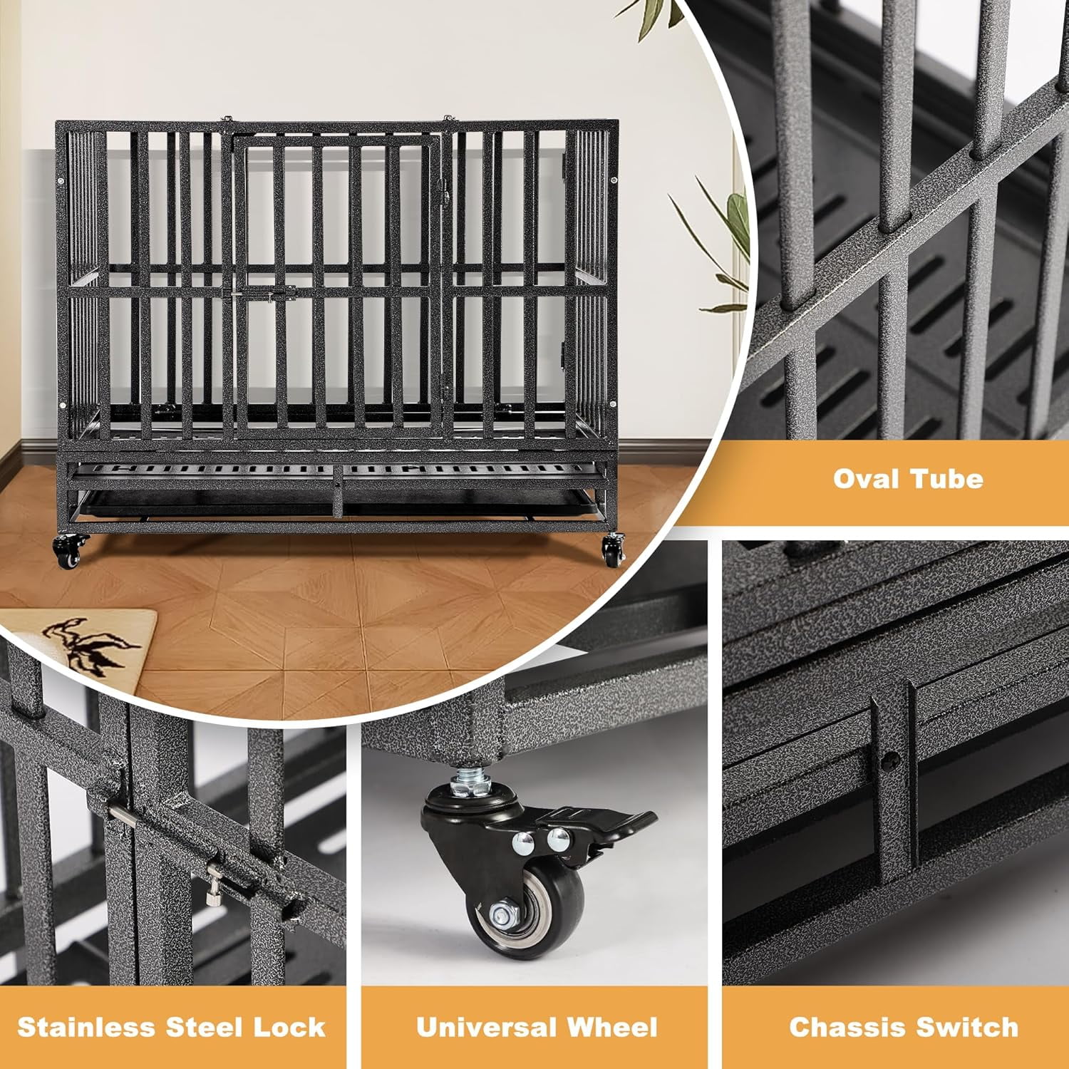 Magic Union 38 inch Large Heavy Duty Dog Crate with Lockable Wheels and Removable Tray for Large Dog,Escape Proof Folding Dog Cage Kennel with Sturdy Lock for Indoor and Outdoor,Black