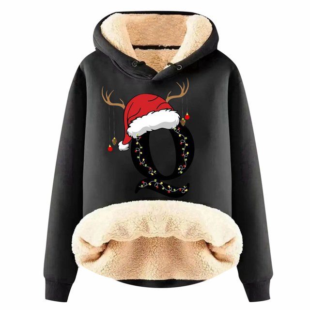 WILLBEST Sudadera con Capucha para Mujer, con Estampado de Letras Navideñas Sudadera Gruesa de Lana, Cálida para El Invierno Tops de Moda XX-Grande