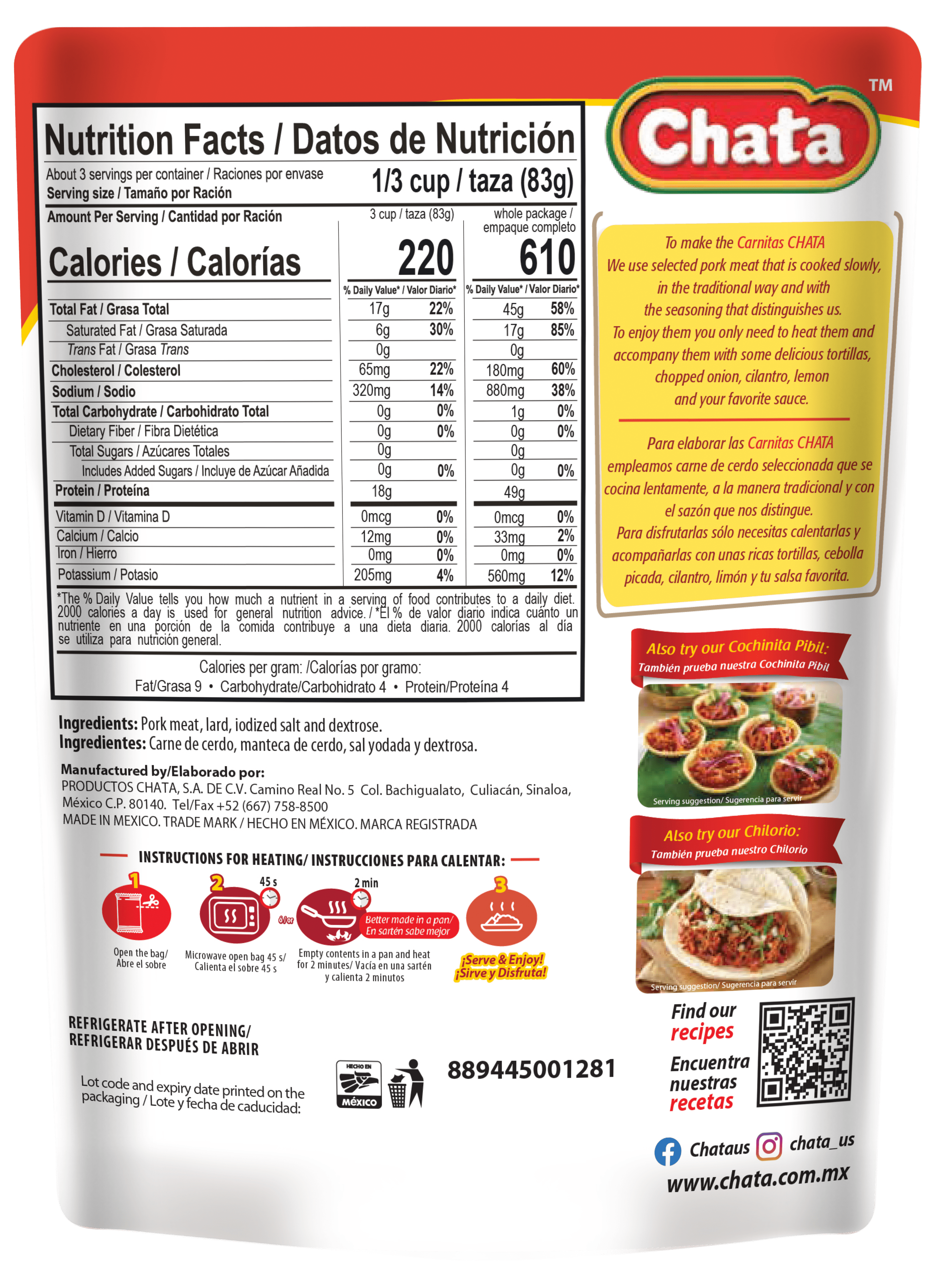 Chata Chopped Pork Carnitas Pouch, 12 Pack, 8 oz