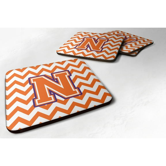 Letter N Chevron Orange and Regalia Foam Coaster Set of 4