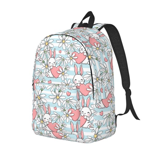 Disketp Cute Rabbit And Heart print Canvas Backpack Lightweight Travel Daypack Student Rucksack Laptop Backpack-Small
