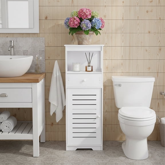 PinkSheep Bathroom Storage Cabinet with Doors and Drawer, Free Standing Toilet Paper Holder Stand Shelving Unit Organizer for Small Spaces, White