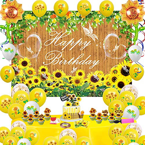 Sunflower Theme Party Decoration,Sunflower Happy Birthday Gold Glitter Cake Cupcake Toppers,Kids Birthday Party Baby Shower Favor Supplies SET of 24