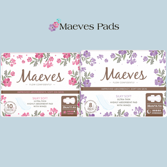 Maeves Pads Ultra Thin Feminine Care, Maxi, Sanitary Napkins with Wings for Super, Extra Heavy Flow Pads, Large, Extra Long Overnight Flow Multipack Period Pads for Women - 18 Count