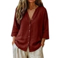 thumbnail image 5 of Women's Casual V Neck Button 3/4 Sleeve Linen Blouse Loose Fit Solid Color Tops for Summer, 5 of 6