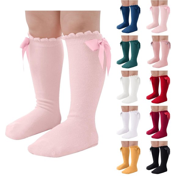 Mgmyaa Kids Pure Cotton Knee High Socks Ruffle Bow Tube Socks for Toddler Girls Spring Fall Dance Casual Long Stockings