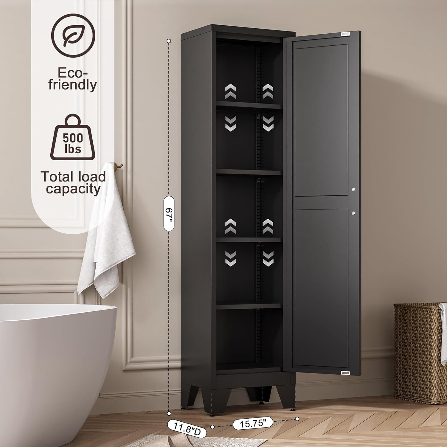 Elegant 67"H Tall Bathroom Cabinet,Narrow Metal Storage Cabinet with 5 Adjustable Shelves and Single Barn Door for Bathroom,Kitchen,Entryway,Black