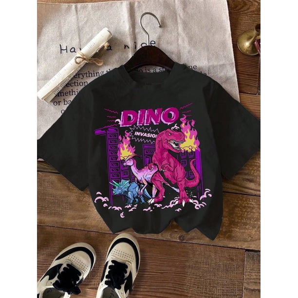 Summer Young Boy Casual Vintage Dinosaur Print Short Sleeve Round Neck T-Shirt, Cotton
