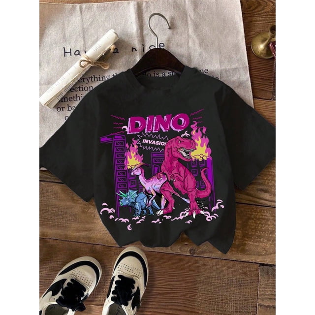Summer Young Boy Casual Vintage Dinosaur Print Short Sleeve Round Neck T-Shirt, Cotton