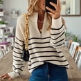 thumbnail image 4 of Women Fall Winter Half Zip Striped Pullover Sweaters Trendy V Neck Oversized Long Sleeve Knit Clothes Cream White S, 4 of 7