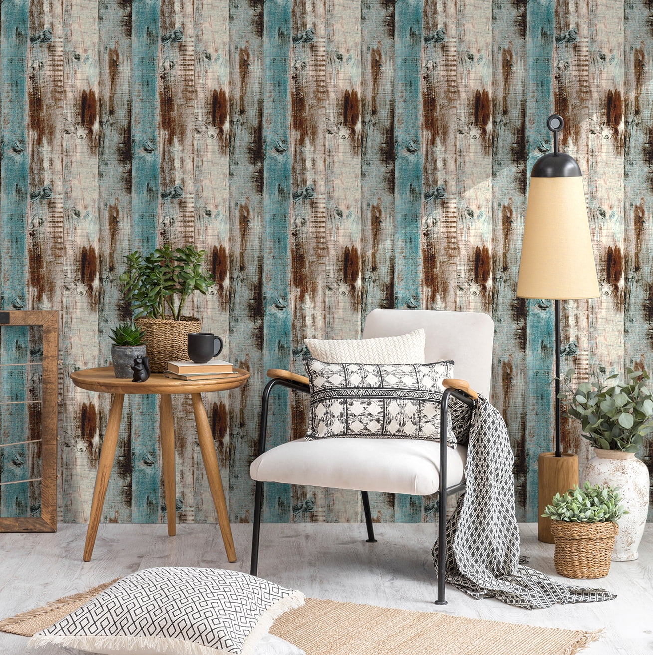 Vintage Woods Panel Wallpaper Rolls Blue/Brown Peel and Stick Wall Paper Murals Barnwood 17.7"x 19.7ft