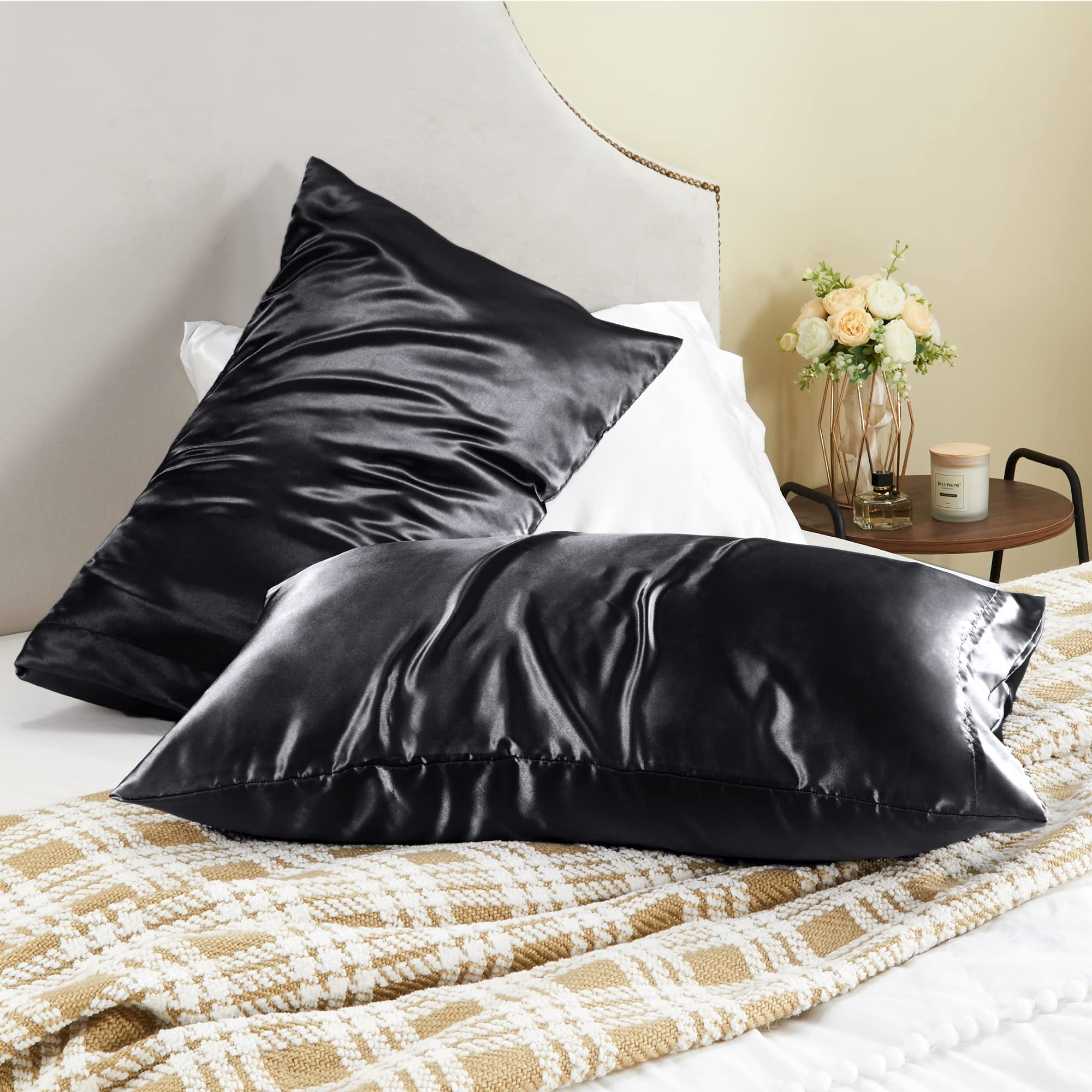 2 Pack Black Satin Pillowcase for Hair and Skin, Cooling Soft Silk Like Pillow Cases, Queen Size 20" x 30" with Envelope Closure