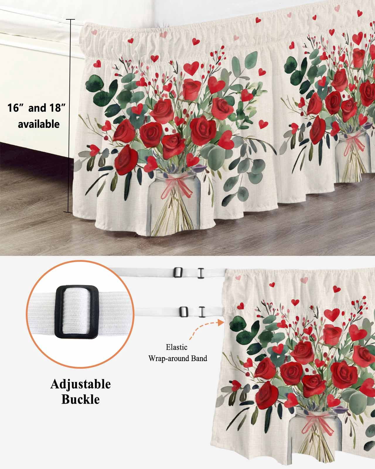 Red Rose Bed Skirt Queen Size 18 Inch Drop, Eucalyptus Leaf Floral Linen Texture Adjustable Elastic Dust Ruffles Bedskirt for Queen Bed Wrap Around Pleated Mattress Frame Cover