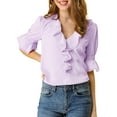 thumbnail image 5 of Unique Bargains Women's Ruffle V Neck Half Bell Sleeve Casual Chiffon Top L Lavender, 5 of 7