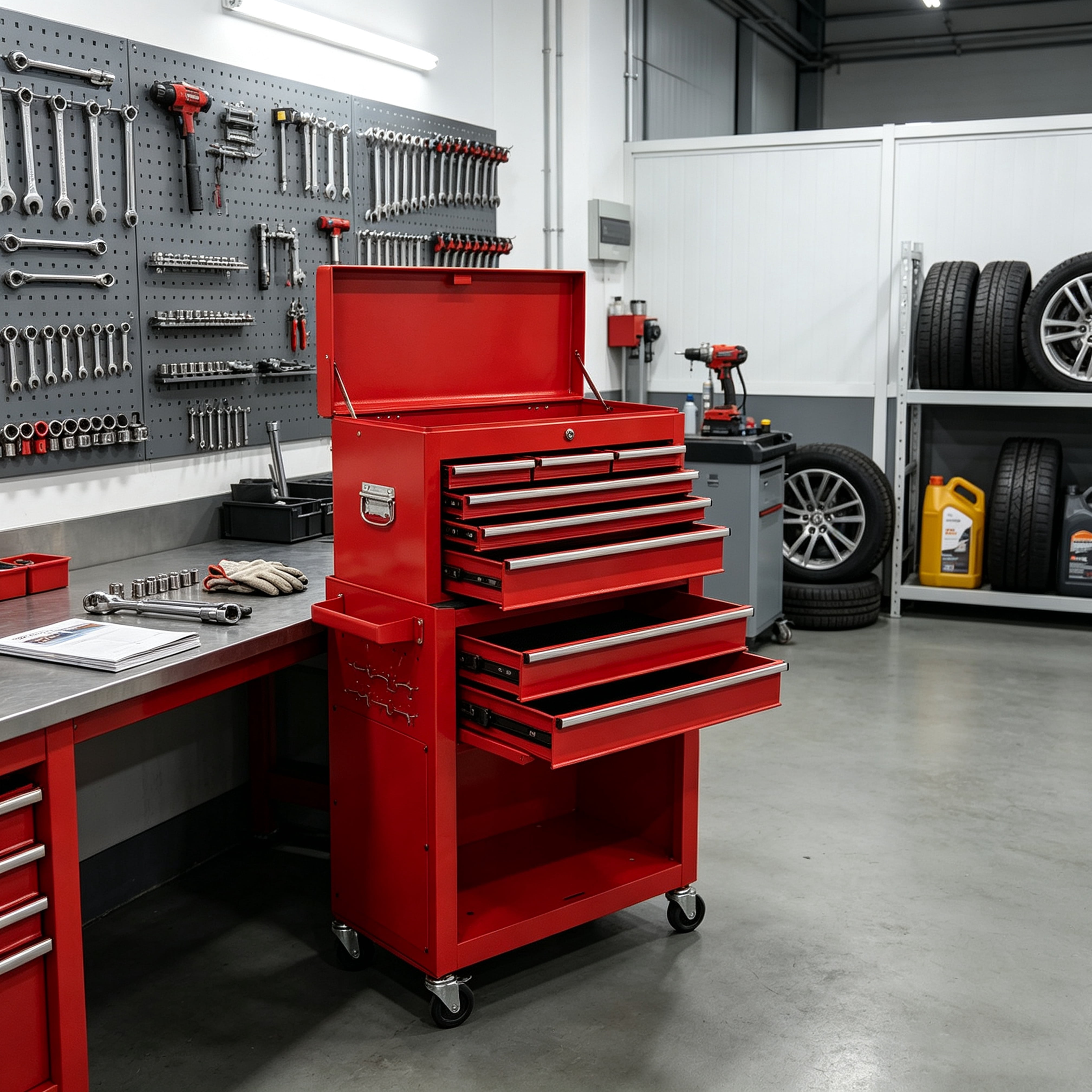 8 Drawer Rolling Tool Chest,2-in-1 Detachable Top Box,Metal Tool Storage Cabinet with Drawer Liners,Lockable Wheels & Side Hooks,Heavy-Duty Tool Cart for Garage Workshop,Red