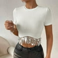 thumbnail image 2 of fatyb Womens Ribbed Crop Tops with Sequin Fringe Sparkly Short Sleeve Tshirts Round Neck Knit Tee Tops, 2 of 7
