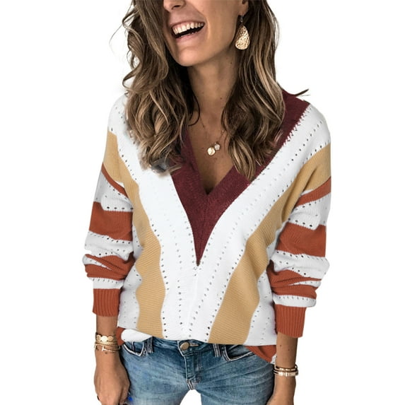 HOTAPEI V Neck Sweaters for Women Color Block Striped Knitted Sweater Long Sleeve Pullover Sweaters Knit Tops