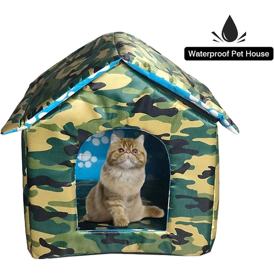 600D Weatherproof Outdoor Cat House, Sponge Insulation for Feral Cats & Small Dogs, M