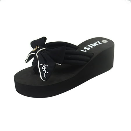 

ZTTD Women Girls Bow Wedge Heel Non-slip Thick Heel Casual Slippers Women s Slipper A