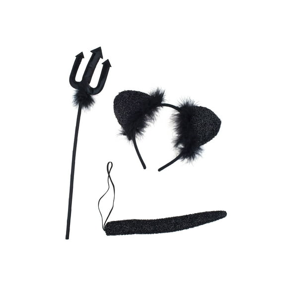 Lux Accessories Black Devil Pitchfork Cat Ears Fur Headwear Tail Costume Set