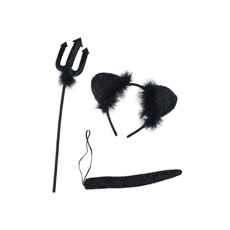 Lux Accessories Black Devil Pitchfork Cat Ears Fur Headwear Tail Costume Set