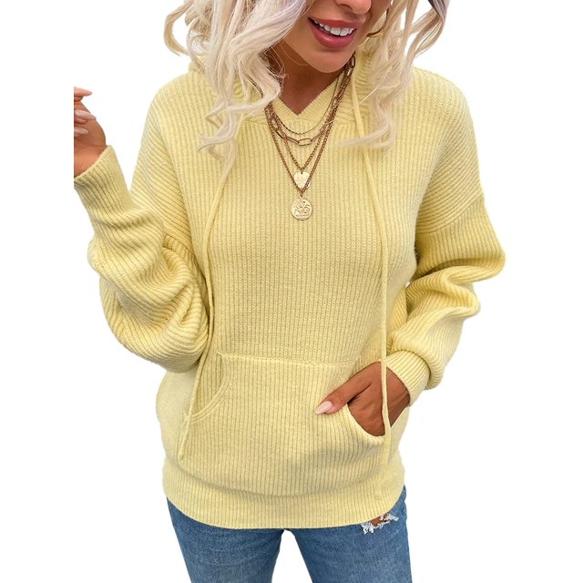 Pull à Capuche pour Femmes, Décontracté, Boutonné, Col en V, Manches Longues, Tricoté, Henley