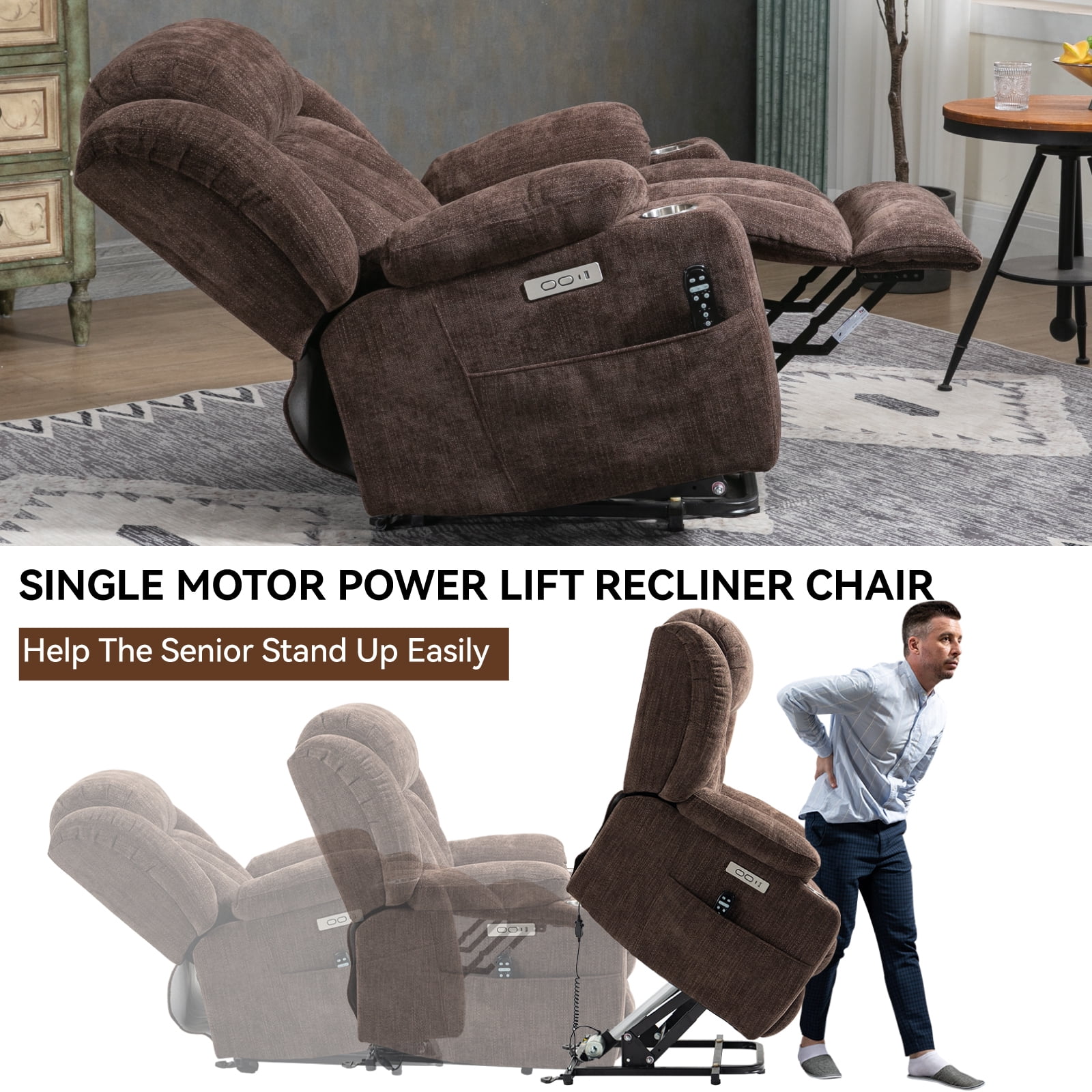 Alvantor Power Lift Recliner Chair for Elderly with Massage and Heat, Chenille Recliners Chair with USB Ports & Cup Holders Brown