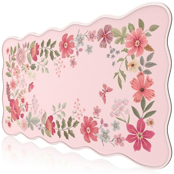iCasso XXL Alfombrilla para Escritorio 90x40 cm Antideslizante Floral Rosa