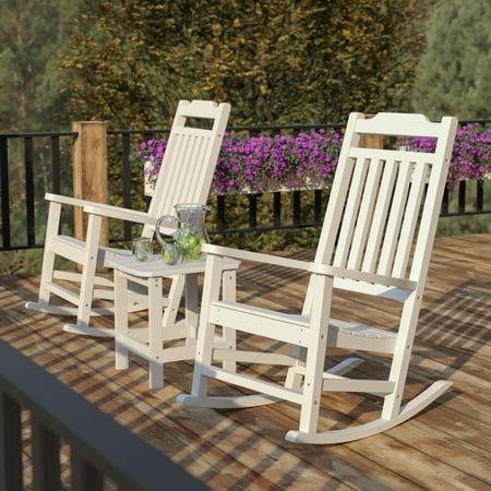 Flash Furniture Winston 3-Piece Poly Resin Rocking Patio Chair and Side Table Set White