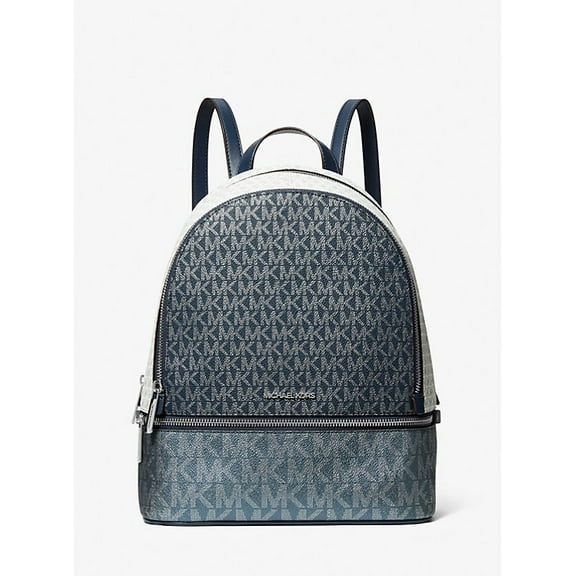 Michael Kors Outlet Rhea Medium Metallic Signature Logo Backpack - Navy