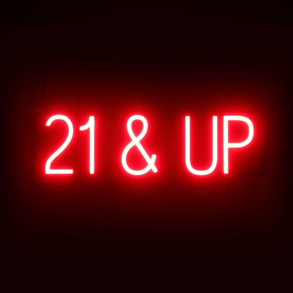SpellBrite 21 & UP LED Sign for Business. 22.8" x 6.3" Red 21 & UP Sign Has Neon Sign Look With Energy Efficient LED Light Source. Visible from 500  Feet, 8 Animation Settings.