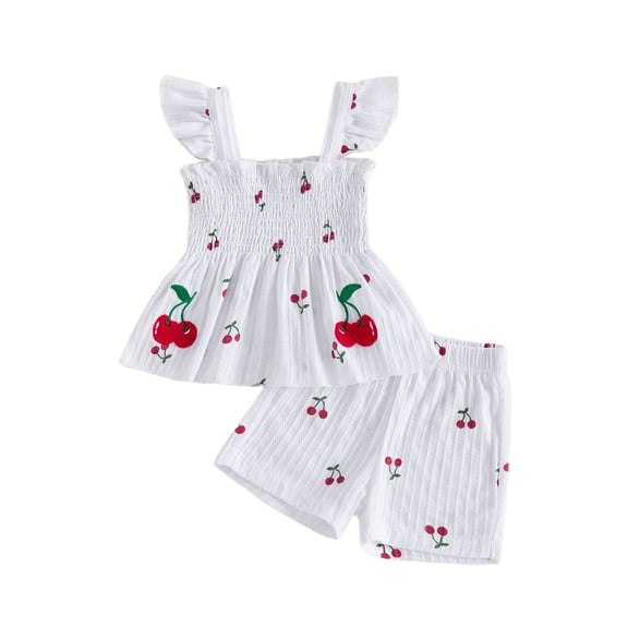 Spewahor Toddler Baby Girls Summer Outfits 3 6 12 18 24 Months 2T 3T 4T Fashionable Cherry Print Flying Sleeve Square Neck Tops and Shorts Set