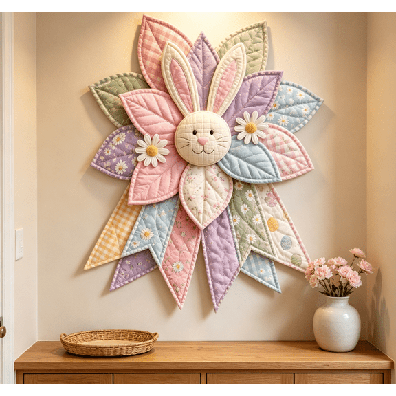 Bunny Accent Quilted Fabric Door Wreath Pastel Leaf Daisy Wall Hanging Ornament Rustic Style Front Door Spring Home Decor