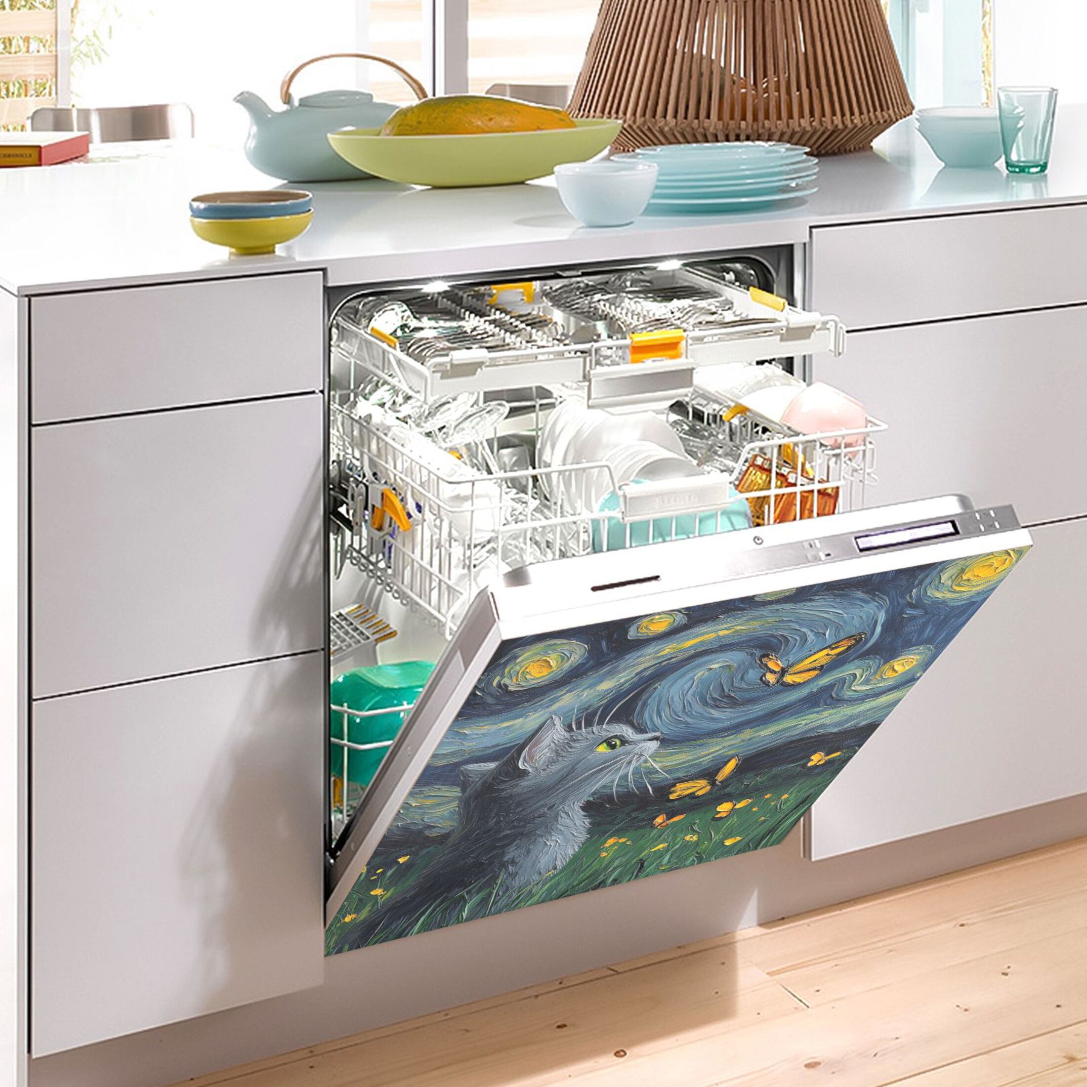 Dishwasher Magnetic Sticker 23x26 Inch Refrigerator Magnetic Sticker Washing Machine Magnetic Sticker Kitchen Panel Magnetic Sticker Home Decor Beautiful Starry Sky Cat