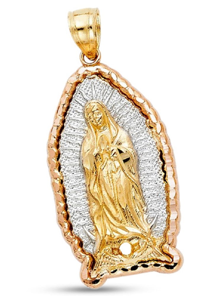 14k Yellow Solid Gold Virgin Mary Guadalupe Medallion Pendant Charm Free Chain