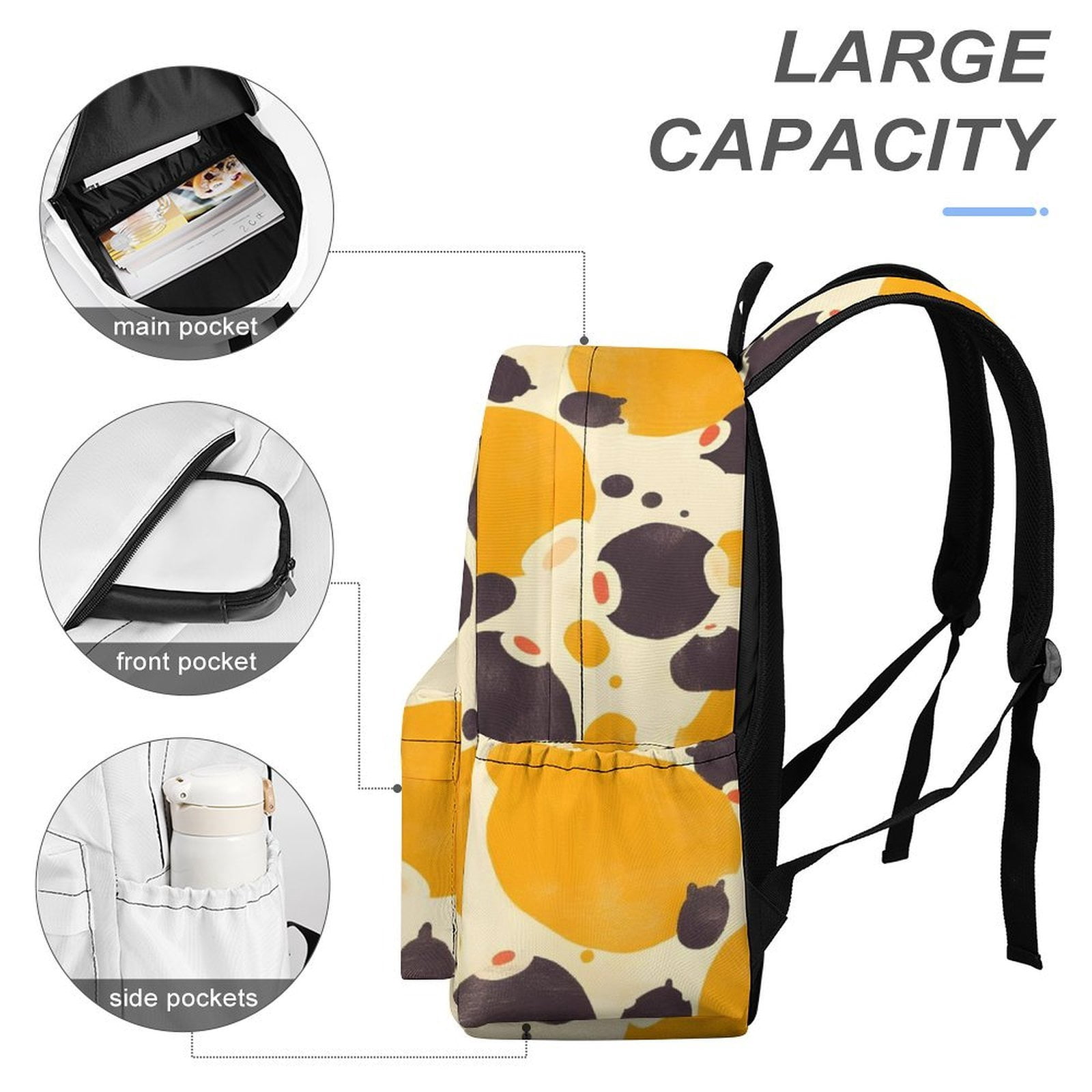 Large Capacity Half Print Backpack 11.8×16.5×5.9in Multifunctional Zipper Design Convenient Switch Milk Cow Print Style Sienna_3