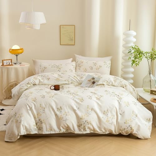 Vintage Wash Painting Floral Duvet Cover Sets Queen Size,3 Pieces 100% Natural Cotton 1 Duvet Cover with Zipper and 2 Pillowcases, Ultra Soft and Easy Care Breathable Cozy Bedding Set