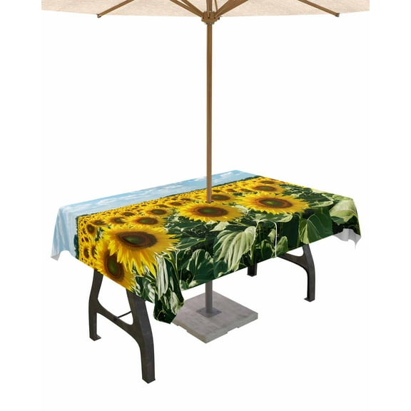 nqOlkjepod Turmeric Sunflowers Outdoor Tablecloth with Umbrella Hole & Zipper, Spring Floral Blue Sky Country Farm Rectangle Table Cover 60x84 Inch, Dining Waterproof Table Cloth Protector for Patio