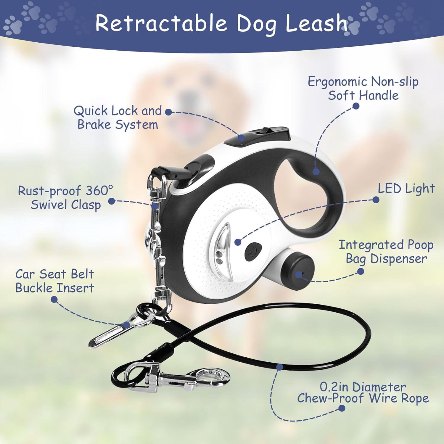 26Ft Retractable Dog Leash - for Dog Up to 110lbs, Tangle Free Walking Leash with Chew Proof Cable | LED Light | Dispenser | Poop Bags, Quick Lock Braking & Non-Slip Handle (Blue)