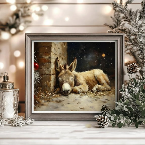 Christmas Donkey Nativity Posters Rustic Holiday Print Poster Wall Art Canvas Artwork Home Christmas Rustic Farmhouse Decoration No Frame