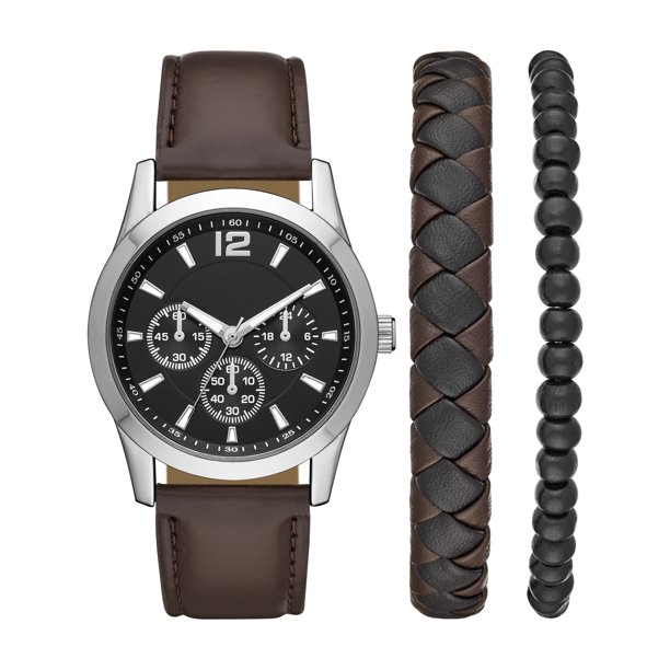 Men's Silvertone Watch with Brown Vegan Leather Strap