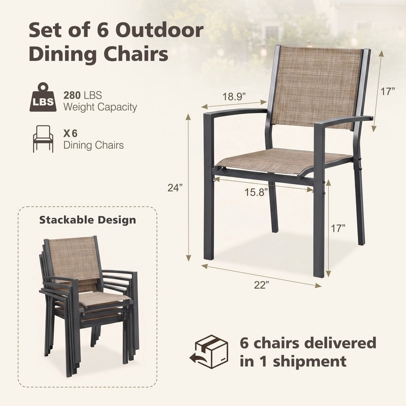 Vineego 6 Pack Stackable Patio Dining Chairs, Brown Breathable Textilene Outdoor Chairs with Armrest, Weather Resistant for Yard