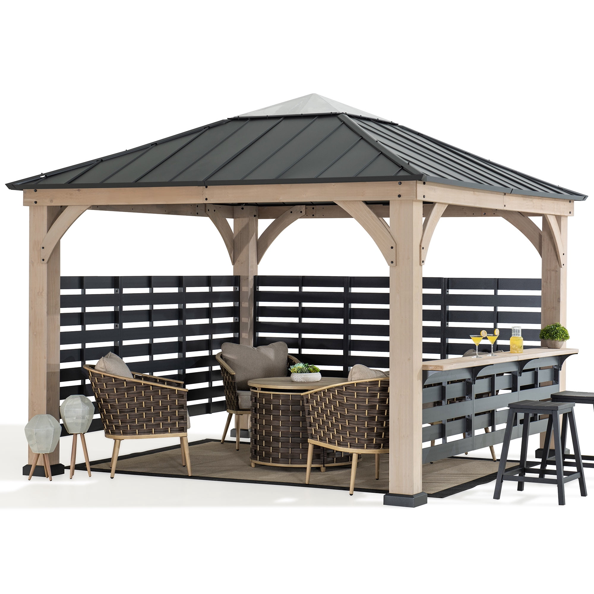 Sunjoy Cameron 11 ft. x 11 ft. Cedar Wood Framed Hot Tub Gazebo with Steel and Polycarbonate Hardtop and bar shelf, Matte Black